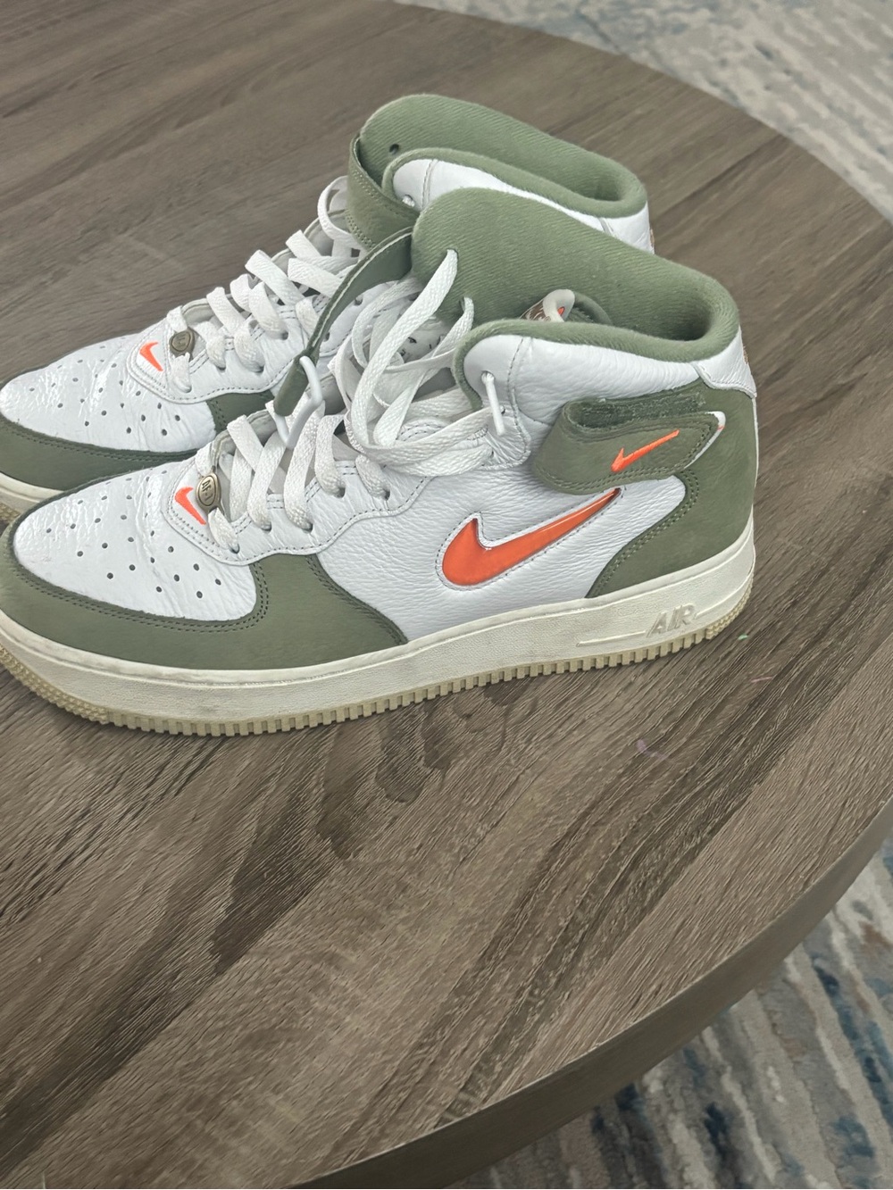 Nike Mens Green & White High-Top Air Force Sneakers with Orange Swoosh